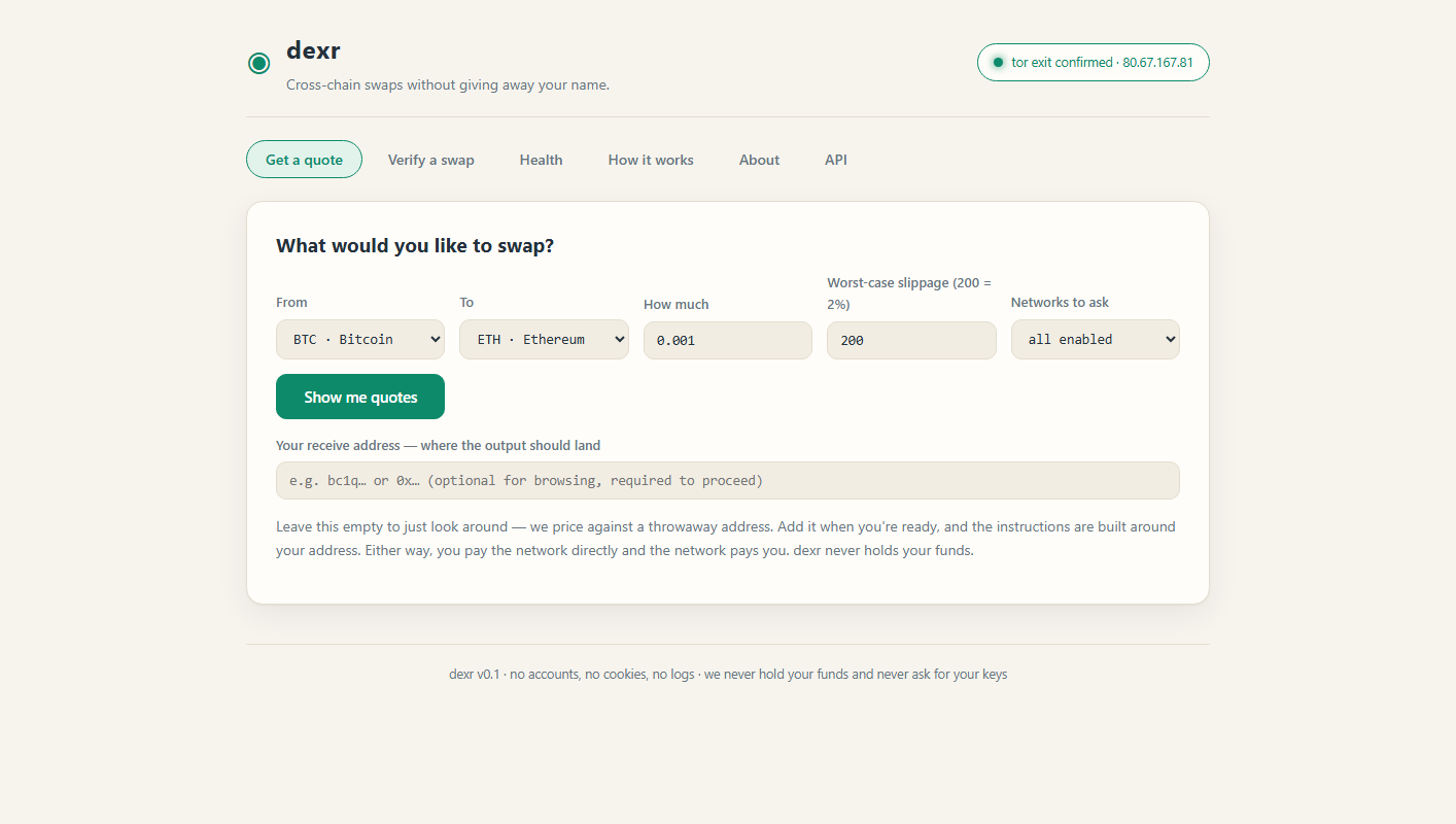 the quote form with the tor exit confirmed in the top right