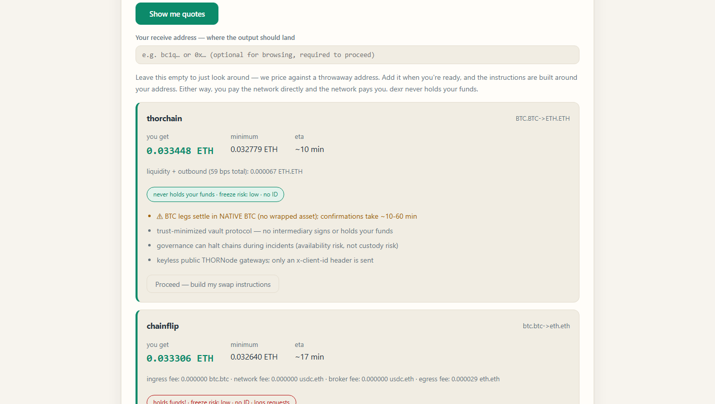 live BTC to ETH routes with trust badges and a proceed button