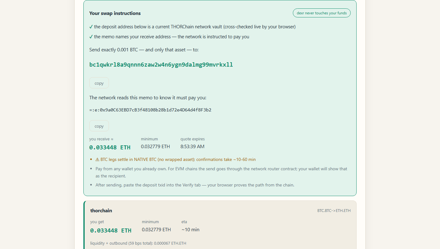 swap instructions with a vault address and memo, both checked by the browser